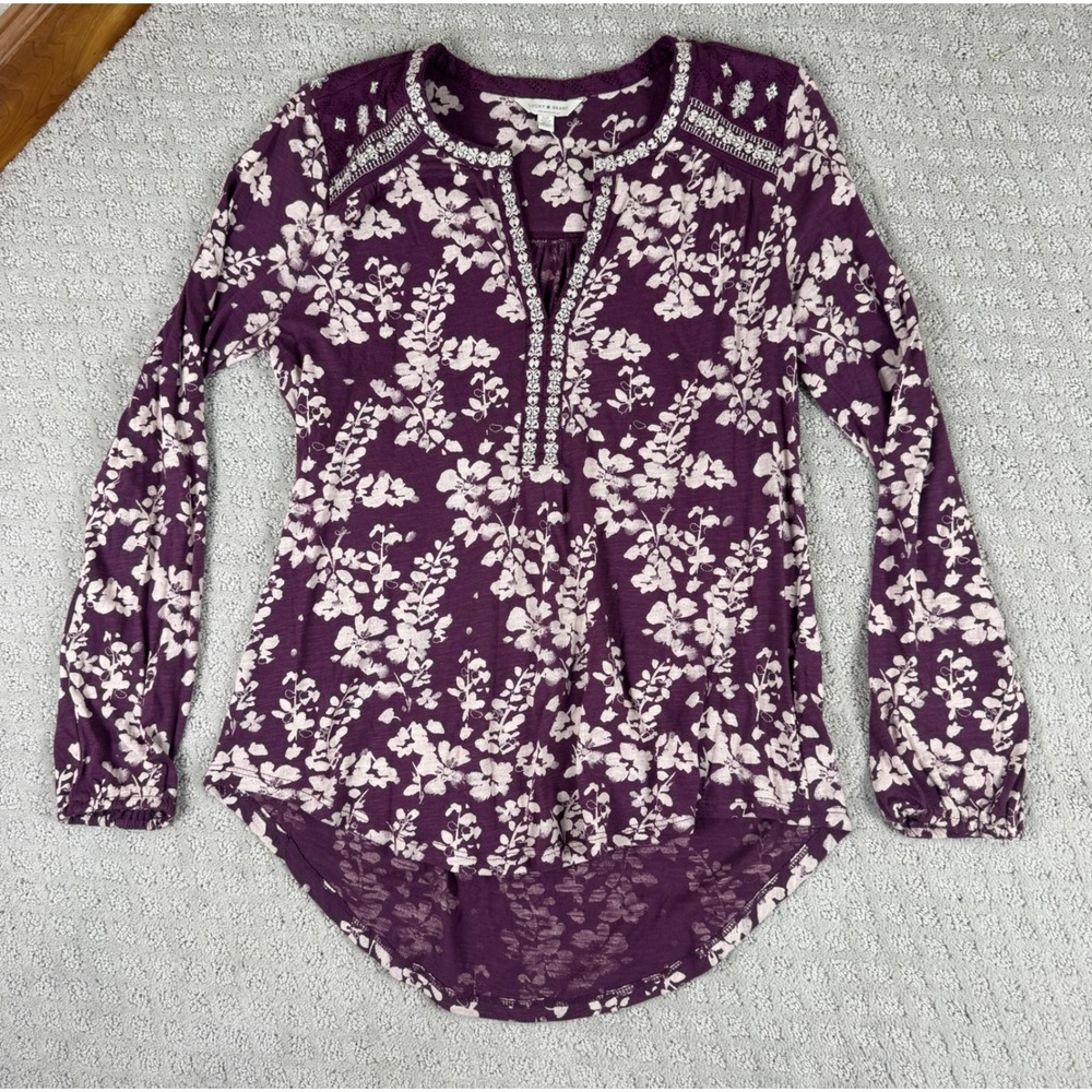 Lucky Brand Purple Floral Embroidered Split Neck High Low Top Small Boho Peasant
